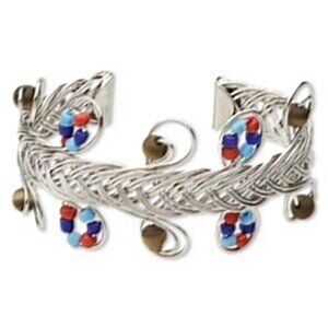 Handcrafted Silver Tone Multi Color Glass Beads Wire Weave Cuff Bracelet